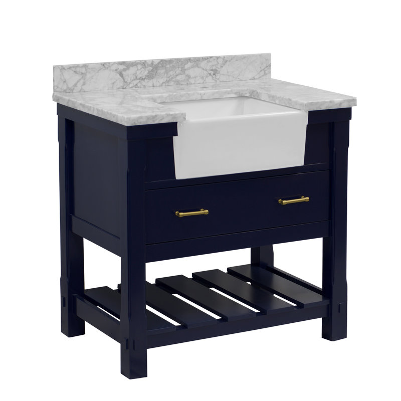 Ensemble de meuble-lavabo simple 36 po Hitton, Marbre de Carrare, Bleu royal