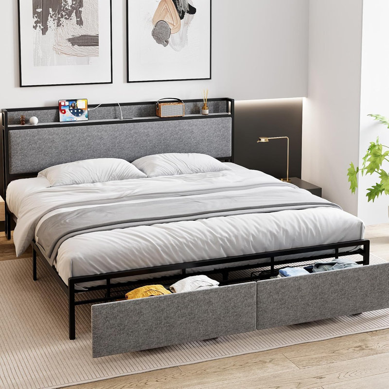 Structure de lit très grand avec tête de lit avec rangement, lits plateforme tapissiers avec 2 tiroirs et station de charge pour la chambre à coucher, sans bruit, sans boîte nécessaire, gris foncé