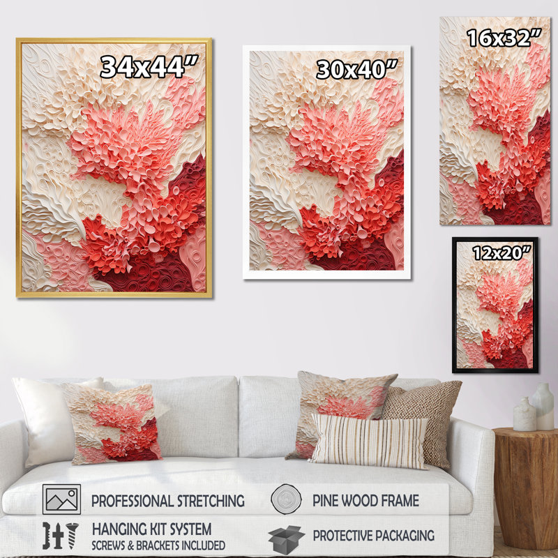 Collage beige et rose corail - grand art mural corail, H 40 po x l 30 po x P 1,5 po, Cadre simple noir