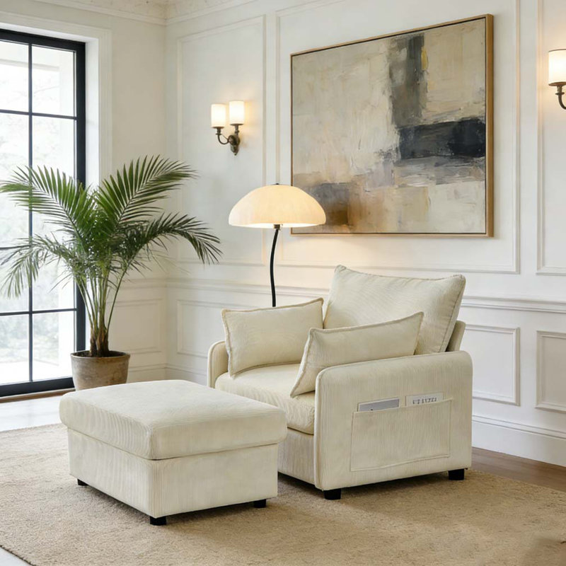 55" Oversized Chaise Lounge Chair Indoor with Ottoman and Storage, Beige