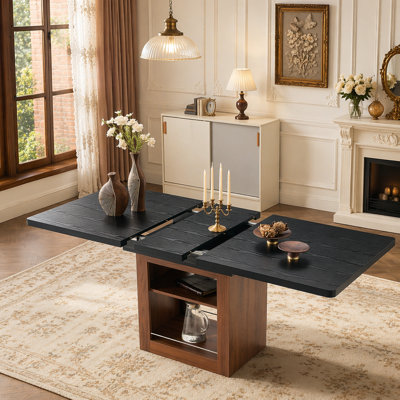 An expandable dining table with storage space, a 59 inch to 71 inch expandable kitchen dining table.Rectangular pull table with sturdy MDF frame in walnut color,  accommodating 4-8 people.