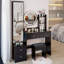 Armoire à miroir pleine grandeur + coiffeuse à miroir rond à DEL + tabouret rembourré, miroir à DEL de 17 po de diamètre, commande tactile, 3 couleurs, luminosité réglable, grand bureau, rangement multicouche à grande capacité-1772445975