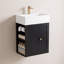 Meuble-lavabo mural noir de 20 pouces avec lavabo en céramique, tiroir, tablette latérale et poignée dorée - conception moderne peu encombrante pour les petites salles de bain