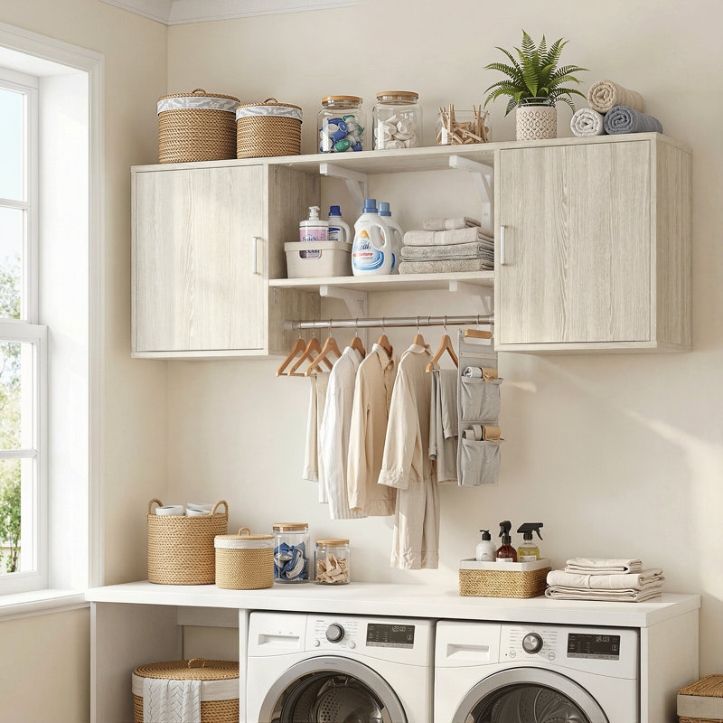 65''W Laundry Cabinet With 2 Doors & Shelves, Reversible Build-In Medicine Cabinet With Shelf Towers, Washed Oak