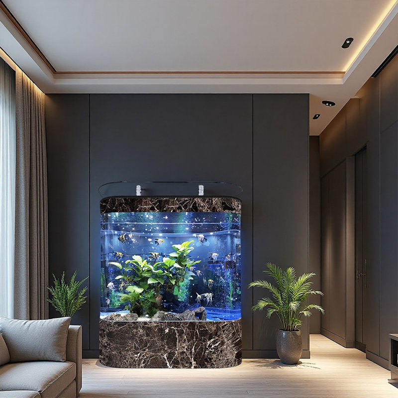 Aquarium courbé moderne, Fleur de glace noire, 190 gallons (H 54,3 po x l 59 po x P 19,6 po)
