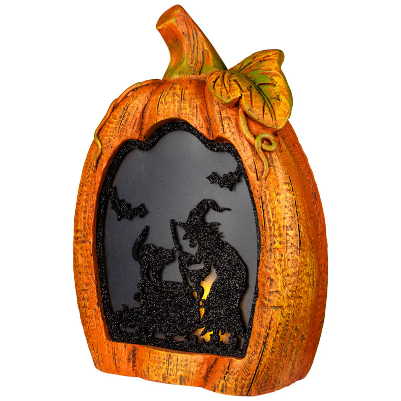 Sorcière qui remue le chaudron scintillant à l'intérieur d'une citrouille, décoration d'Halloween - 13 po - lumière DEL orange
