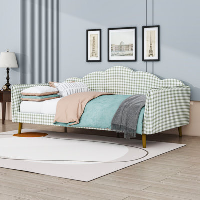 Twin Upholstered Gingham Platform Daybed with Cloud Backrest and Sturdy Slats