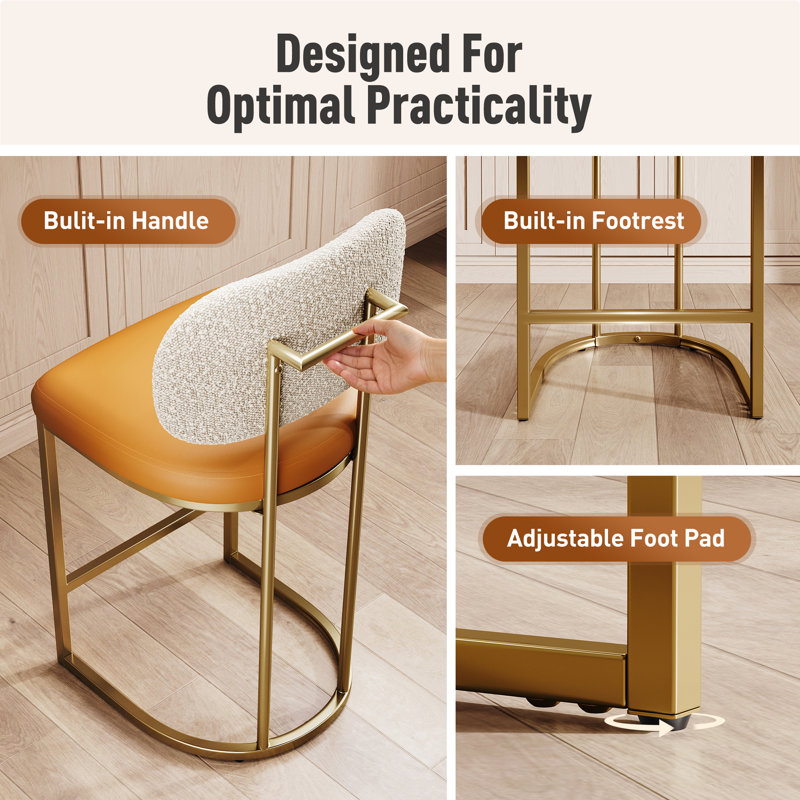 Upholstered Counter Stool with Metal Frame, Beige/Gold, 2