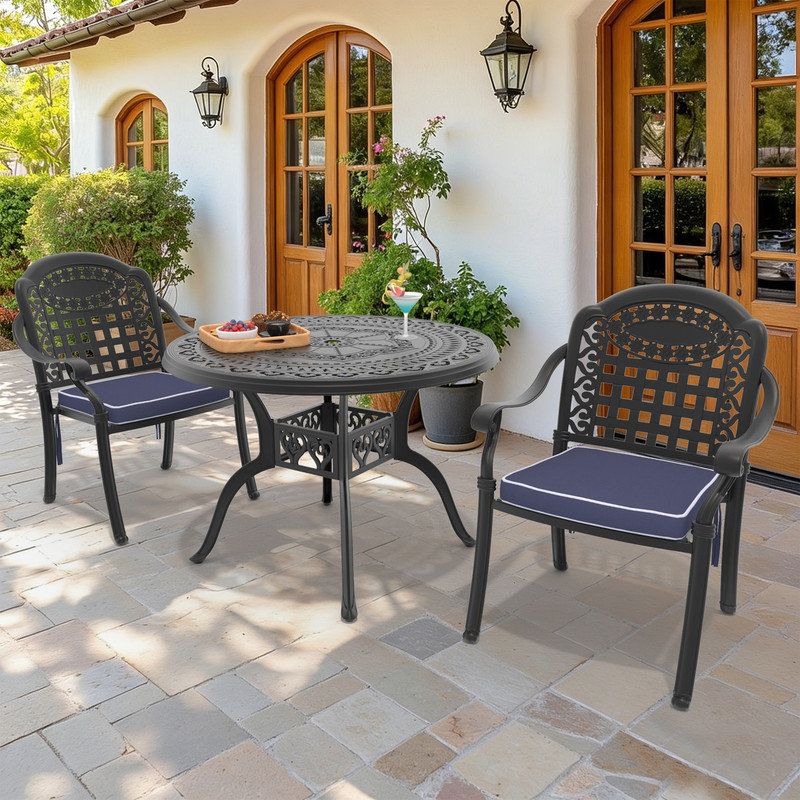 3-Piece Cast Aluminum Bistro Dining Set,39.37" Round Table with Umbrella Hole & 2 Stackable Chairs with Blue Cushions, Blue