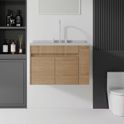 Meuble-lavabo suspendu de 76 cm avec lavabo, lavabo en marbre reconstitué de 5 cm avec dosseret, armoire en contreplaqué avec portes doubles à fermeture amortie et armoire de rangement latérale