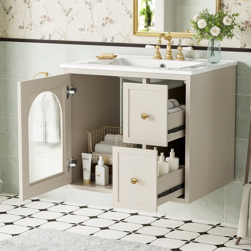 Ensemble de meuble-lavabo mural pour petit espace, Beige