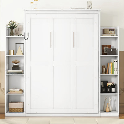 Lit escamotable double pleine grandeur avec tablettes et lumières DEL, blanc