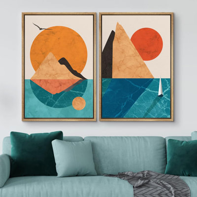 Sun And Moon " Sun And Moon Geometric Mountain Ocean Landscape Abstract Nature Illustrations Modern Rustic Scenic Neon " 2 - Pieces