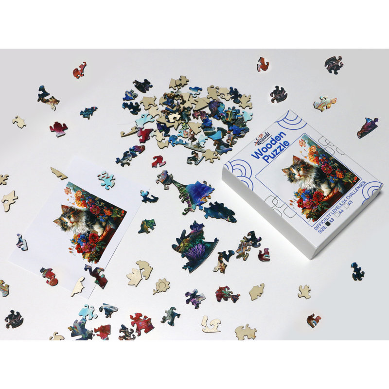 Chat avec fleurs - puzzle en bois par Wizardi F07N9-15