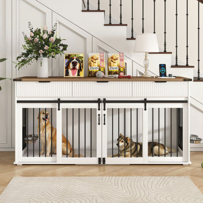 Caisse pour chien double 71 po avec 3 tiroirs cannelés et plateau de table en grain de bois de noyer imperméable, grand chenil pour chien avec prise de courant de type C et mangeoires rotatives pour chiens robustes (blanc)