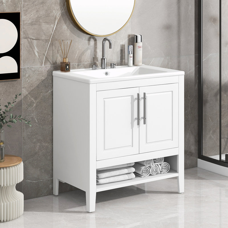 Yerger 30'' Single Bathroom Vanity with Solid + Manufactured Wood Top, White