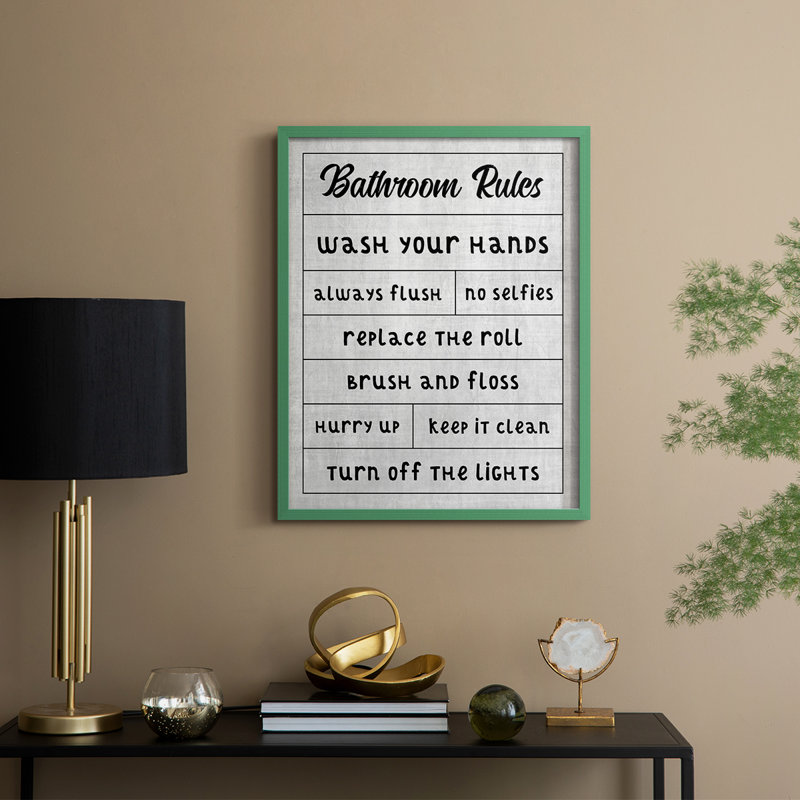 Simple Bathroom Rules Framed Print - Solid Wood, Green, 11" H x 9" W