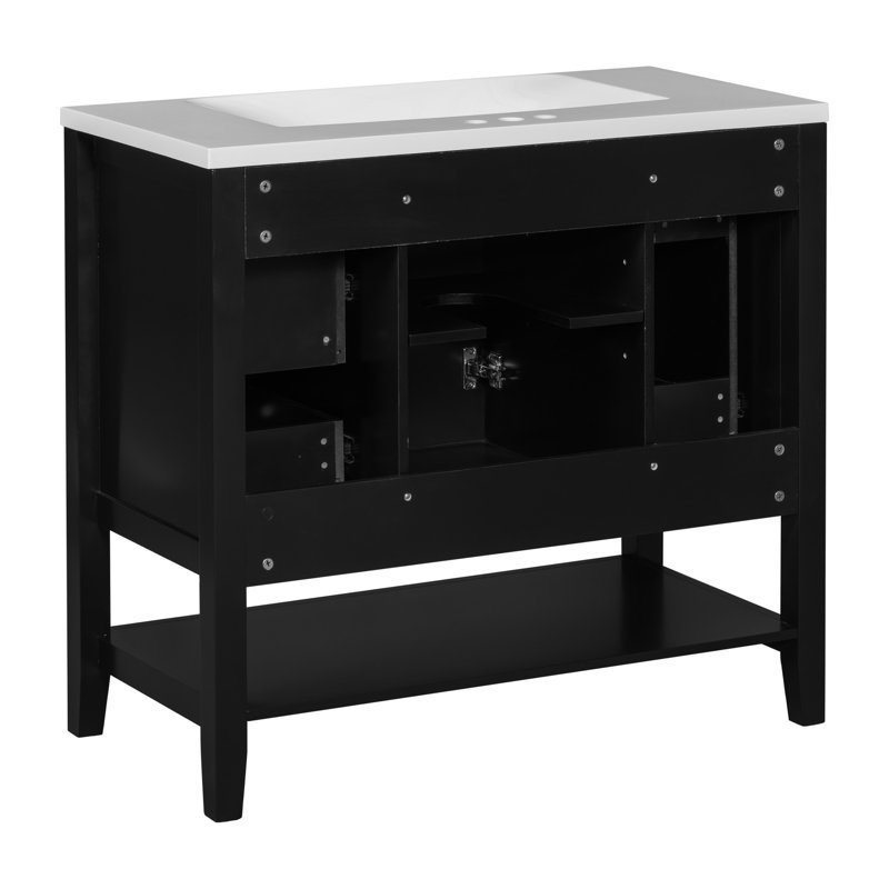 Meuble-lavabo noir avec porte en bois massif et rangement noir de 36 po de largeur