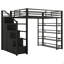 Grand lit mezzanine en métal avec tablettes de rangement, armoires et garde-robe