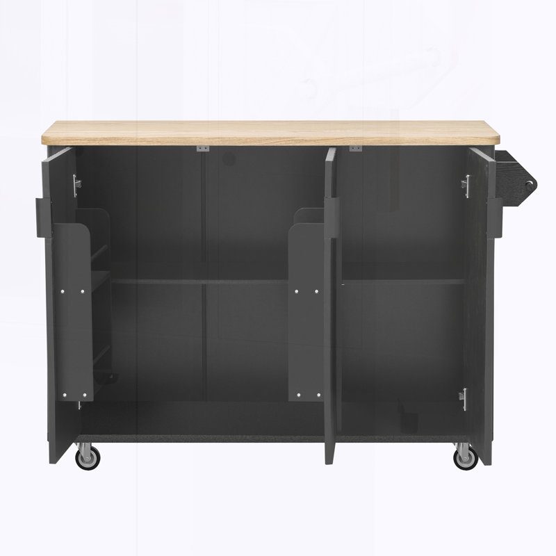 Îlot de cuisine cannelé de 51 po avec abattant K&K, îlot de cuisine sur roulettes avec support de rangement interne, chariot de cuisine roulant avec porte-serviettes pour la cuisine, la salle à manger, le frêne noir