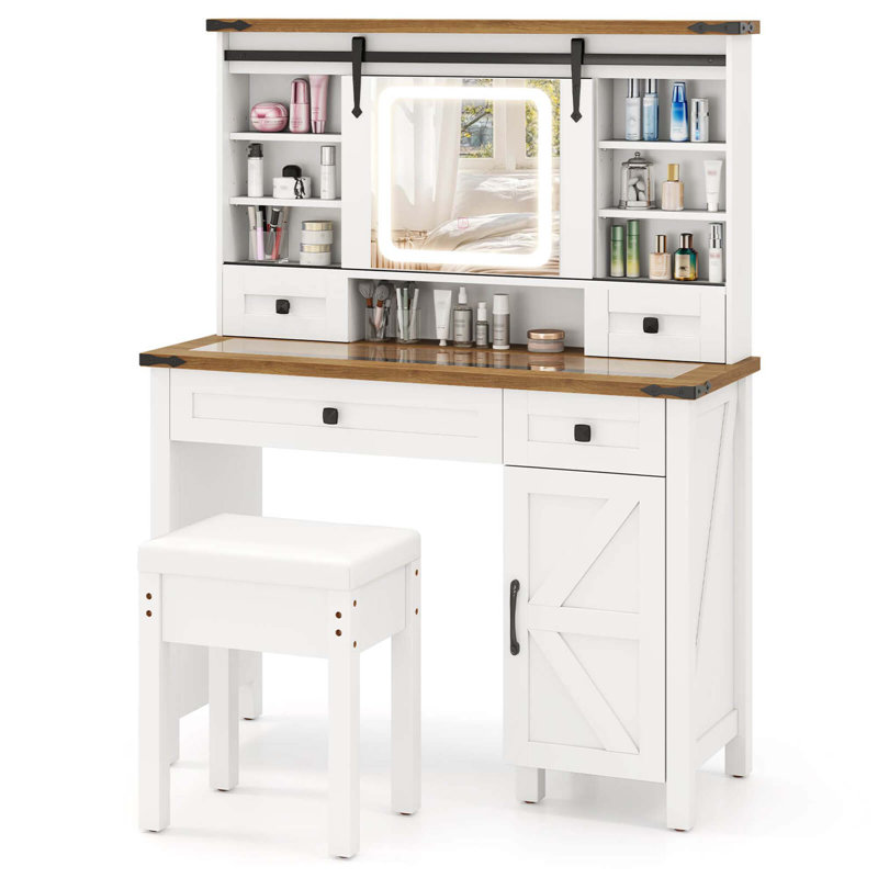 Table de coiffeuse Farmhouse avec miroir coulissant et table de maquillage avec 3 modes d'éclairage