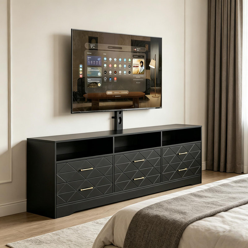 Meuble télé avec support, centre de divertissement avec 6 tiroirs et rangement ouvert, console multimédia en bois pour le salon et la chambre à coucher