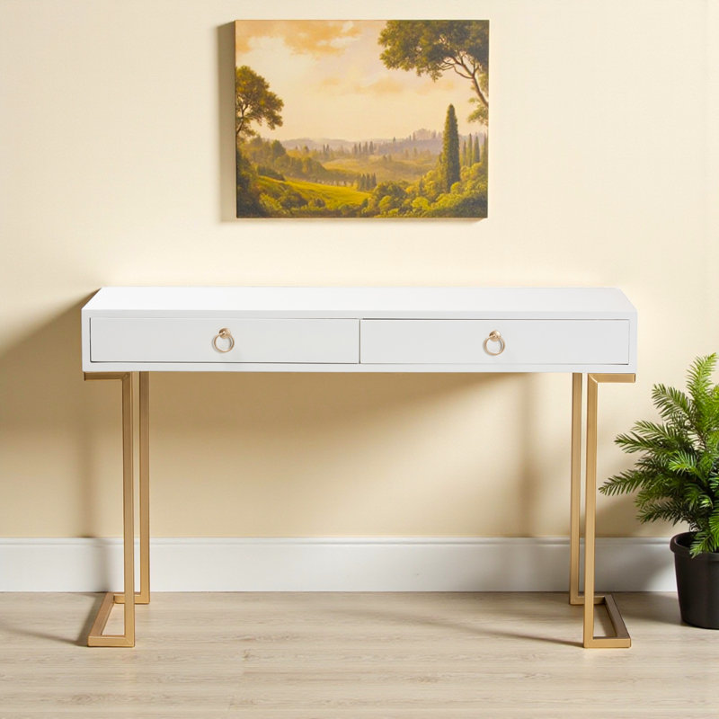 Zindra 2-Drawer Console Table in Finished Wood and Gold Metal, 29.3" H X 47.05" W X 15.5" D, White