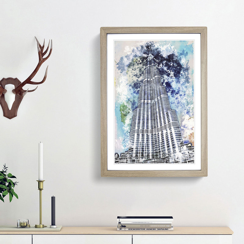 Burj Khalifa Skyscraper Dubai in Abstract - Picture Frame Painting Print, 36cm H x 27cm W x 2cm D, Oak Framed