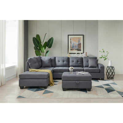 Canapé modulaire 3 places Modern, canapé inclinable réversible, tapis de rangement et porte-gobelet, pieds antidérapants, deux coussins gris, lin