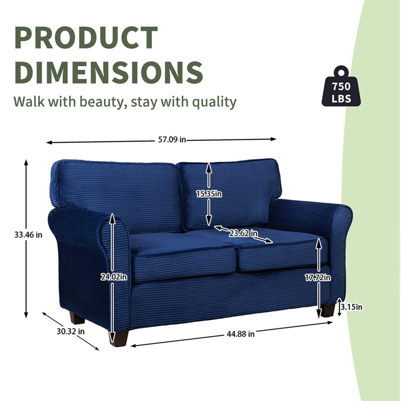 57" Modern 2-Seater Corduroy Sofa, Blue