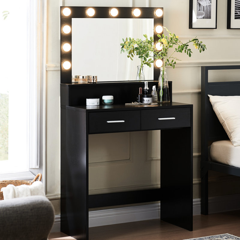 Bureau de coiffeuse de chambre à coucher avec miroir, lumières, rangement à 2 niveaux, grand tiroir - Miroir de table additionnel captivant et pour merveilleux