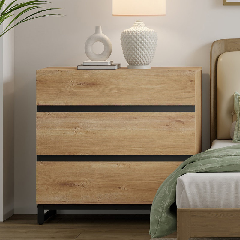 Nightstand With 3 Drawers For Bedroom, Modern Bedside Table With Black Square Iron Leg, Wood Rustic Side Table For Living Room