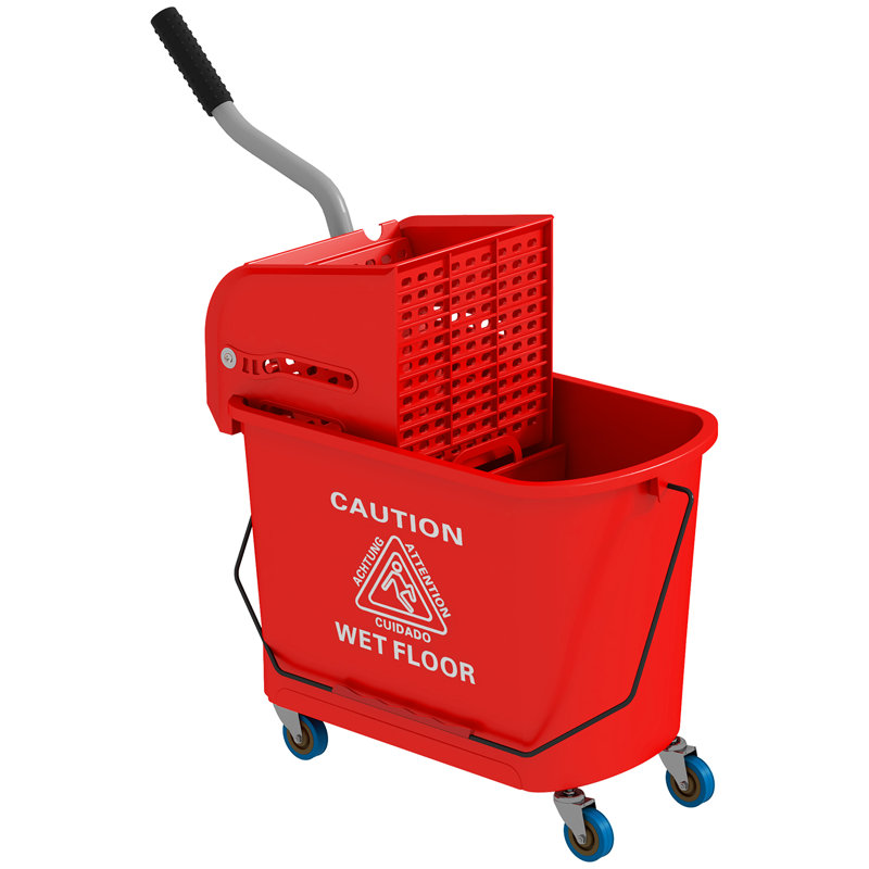 Seau à vadrouille avec essoreuse sur roulettes pour le nettoyage des planchers, 21 pintes, eau sale et séparée, rouge