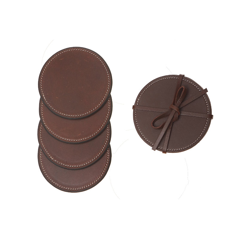 Set of 4 Round Brown Leather Coasters