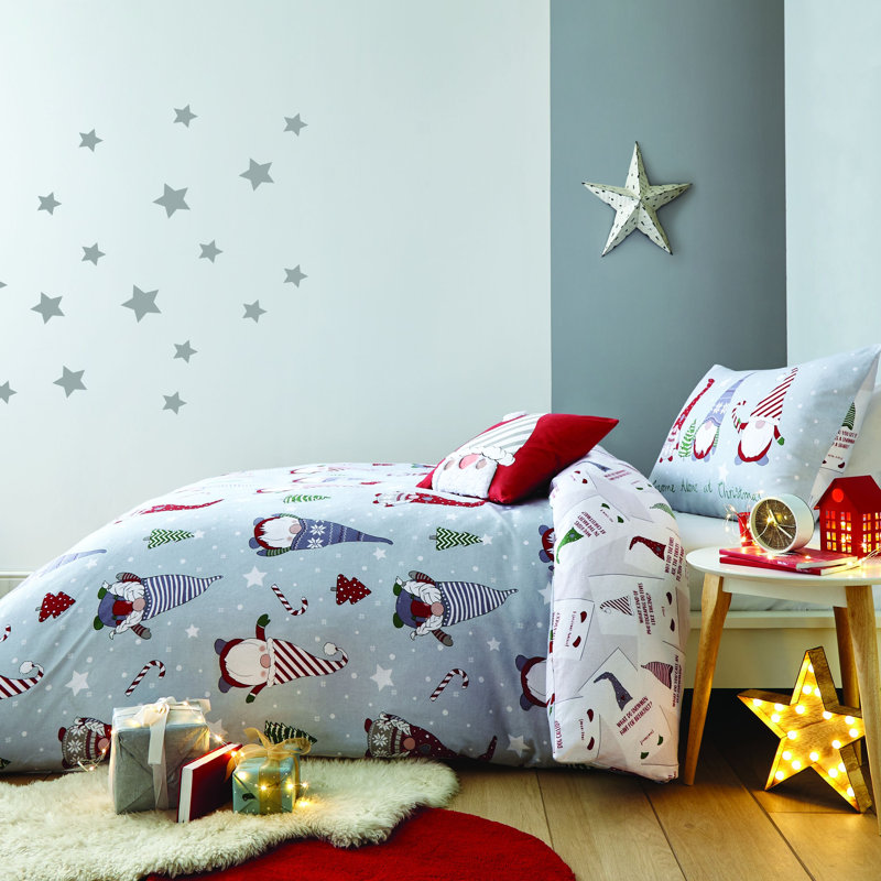 Brushed Cotton Christmas Gnomes Duvet Cover Set with Pillowcases, Single Duvet Cover + 1 Standard Pillowcase