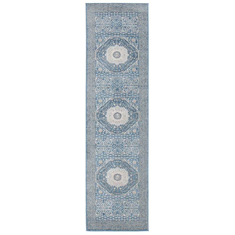 Tapis oriental bleu / beige, Tapis de couloir 2 pi 2 po x 8 pi