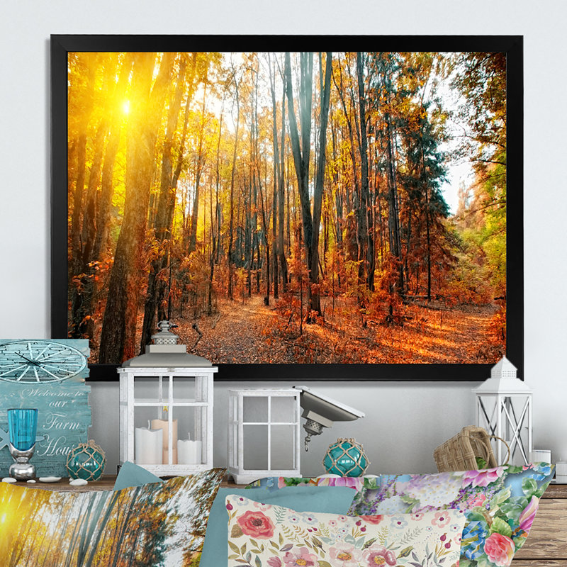 «Sunset Autumn Forest Panorama», reproduction sur toile, Cadre d'angle fermé noir, H 8 po x l 12 po x P 1 po
