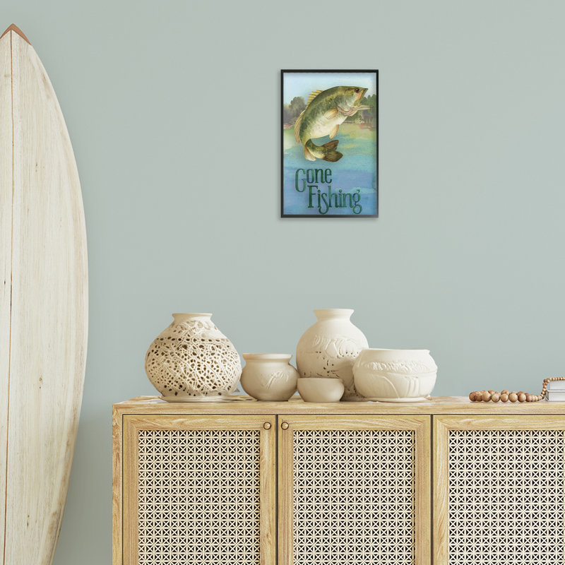 «Gone Fishing Motif», estampe numérique, conception de Holly Thomas Stein, H 18 po x l 12 po, Giclée encadrée noir minuit