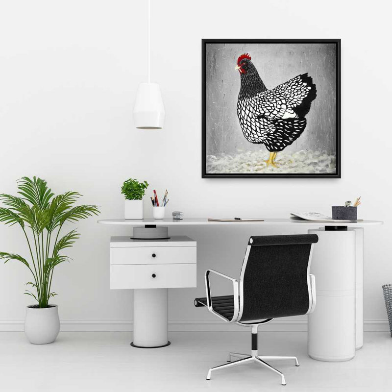 Toile encadrée blanche rustique | Poule Wyandotte noire et blanche