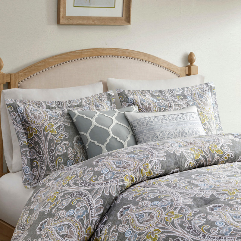 Ensemble d'édredon en coton 6 pièces pour grand lit gris, Édredon de grande taille et 5 pièces supplément