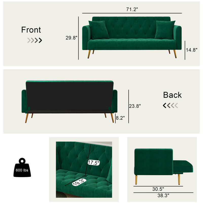 Canapé-lit pliant en velours 71,2 po Linndale, Vert
