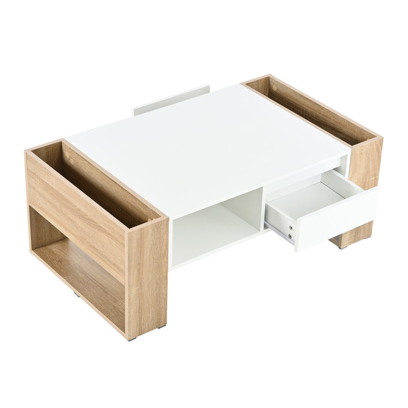 Table basse haute brillance avec compartiments latéraux - blanc 41,3 x 23,6 po pour le salon, la chambre à coucher à finition rectangulaire et le rangement à grain de bois 41,3 x 23,6 po