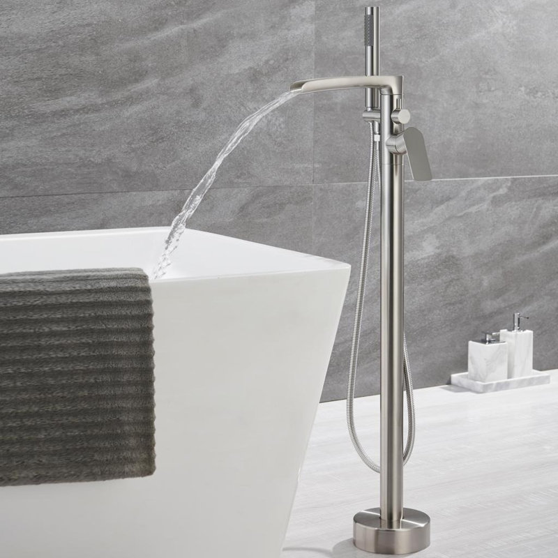 Robinet de baignoire autoportant en laiton avec douche à main, Brushed Nickel