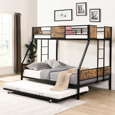 Lit superposé simple au-dessus d'un lit double en métal avec lit gigogne, garde-corps double, noir et brun, sans sommier tapissier, grand espace de rangement sous le lit, lit gigogne facile à assembler en métal, 2 côtés et ressort, spacieux