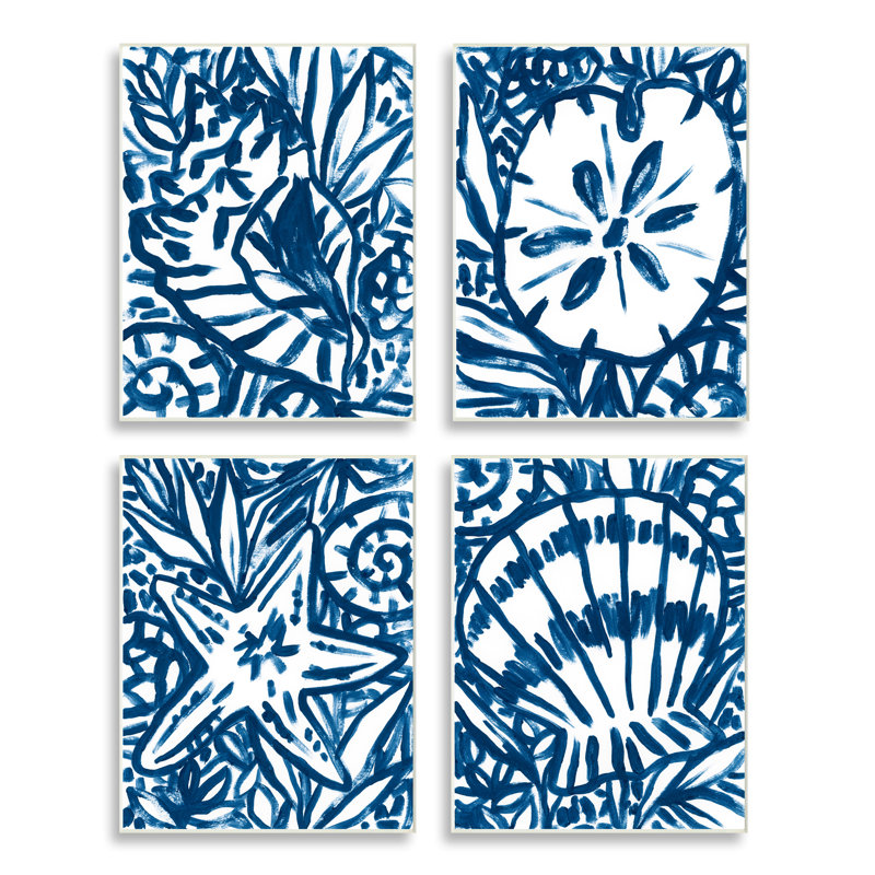 «Nautical Blue Seashell Starfish Sand Line» par June Erica Vess - ensemble de 4 impressions, H 15 po x l 10 po x P 0,5 po