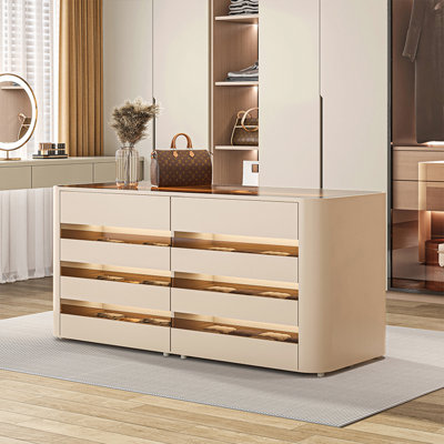 59.06" Off-White Jewelry Cabinet | 8-Drawer Dresser with Double-Sided Glass Top, Bedroom Footboard / Walk-In Closet Jewelry Display Cabinet
