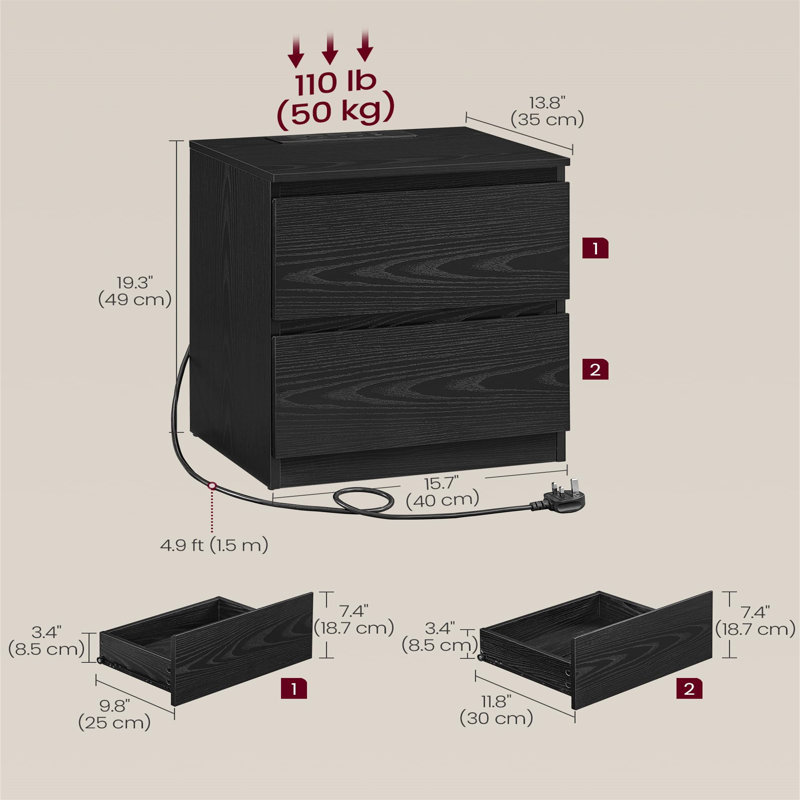 40cm W Manufactured Wood Bedside Table, Black