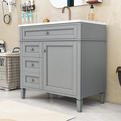 Meuble-lavabo simple en bois Ellarose avec lavabo en céramique et beaucoup de rangement