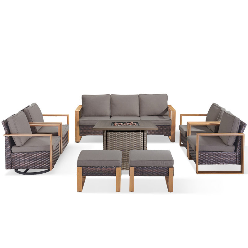 Palomares 8-Piece Outdoor Conversation Set With Swivel Gliders And Square Fire Pit Table, 9-Person Wicker Patio Seating With Armchairs