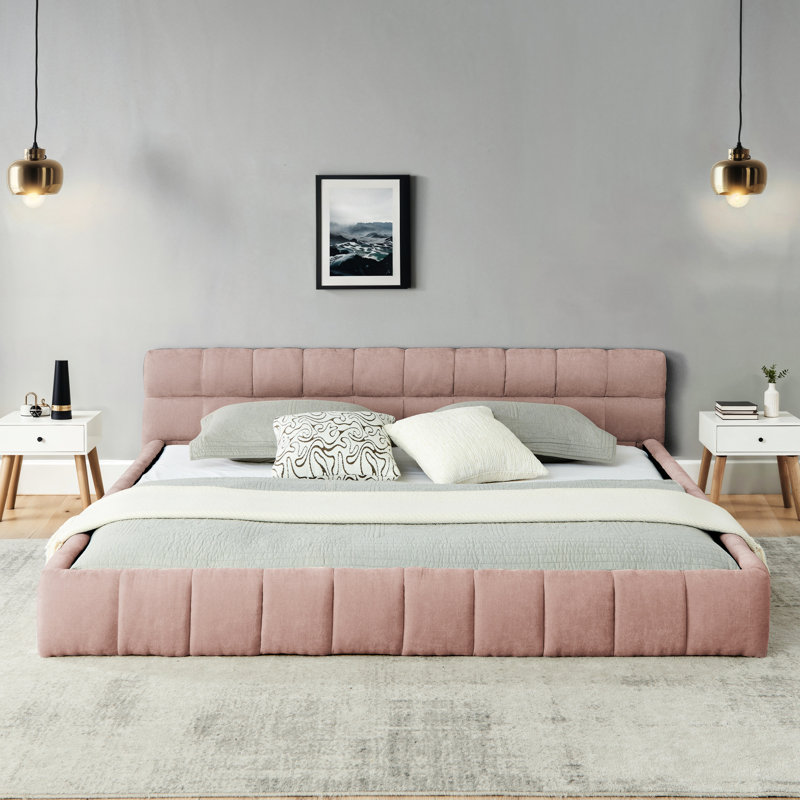 Très grand lit tapissier, rose, lit plateforme avec tête de lit et chenille épaisse, centre de chambre Comfort Ambiance Relax
